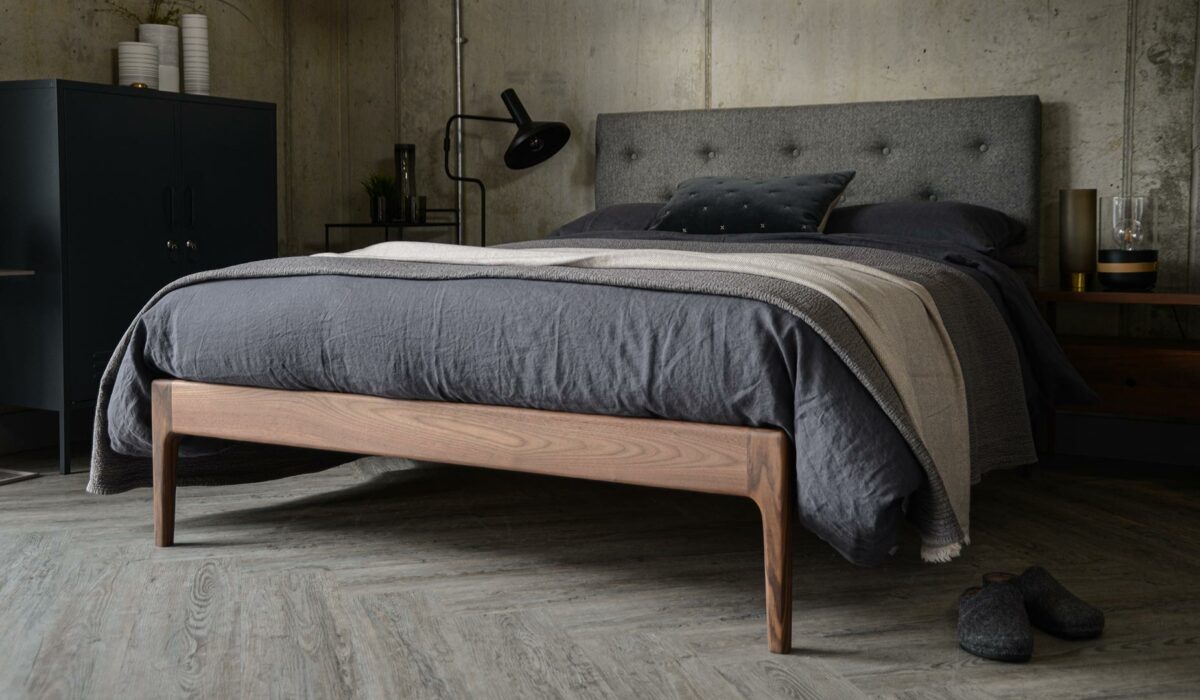 The Bloomsbury a mid-century style solid wooden bed with comfy-cosy upholstered headboard