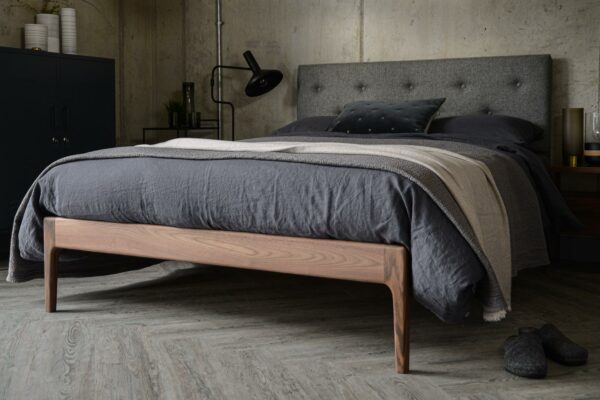 The Bloomsbury a mid-century style solid wooden bed with comfy-cosy upholstered headboard