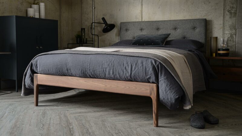 The Bloomsbury a mid-century style solid wooden bed with comfy-cosy upholstered headboard