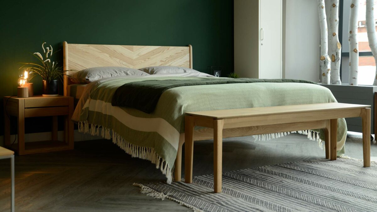 solid oak bench or end of bed table shown with our Hoxton bed