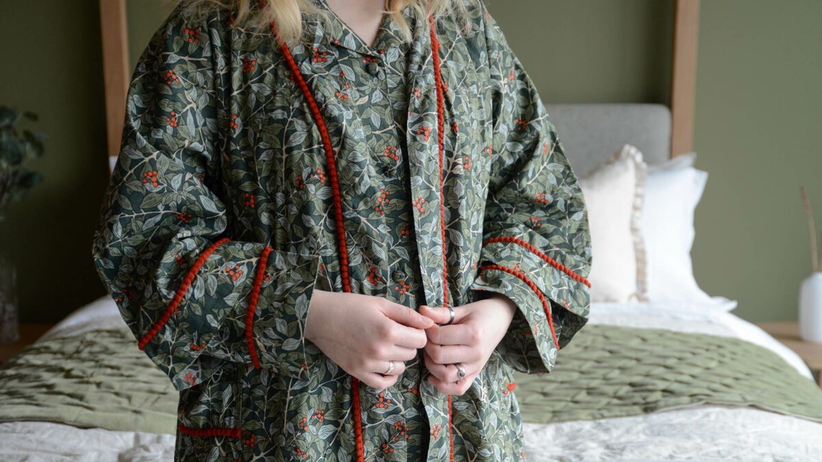 Botanical Berry Robe on model with oak highland