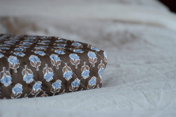 Brown Quilted Throw with Blue Flowers Folded