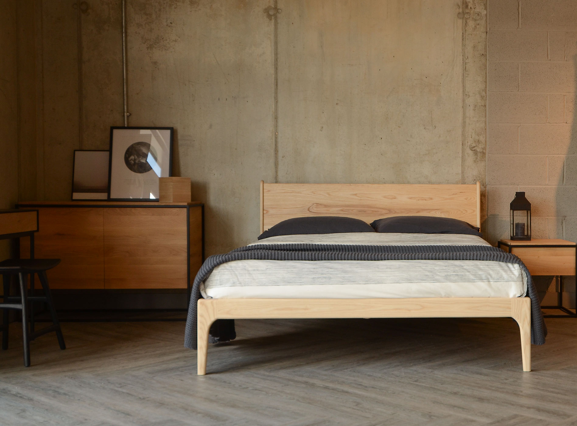 Industrial room setting for our solid wood Camden bed here made from Ash