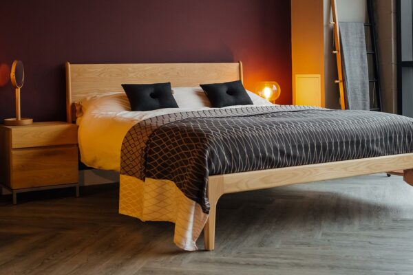 Solid Oak Camden Bed designed and hand-made by Natural Bed Company, with organic cotton bedspread