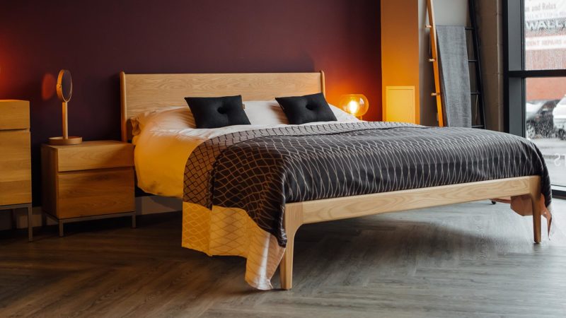 Solid Oak Camden Bed designed and hand-made by Natural Bed Company, with organic cotton bedspread