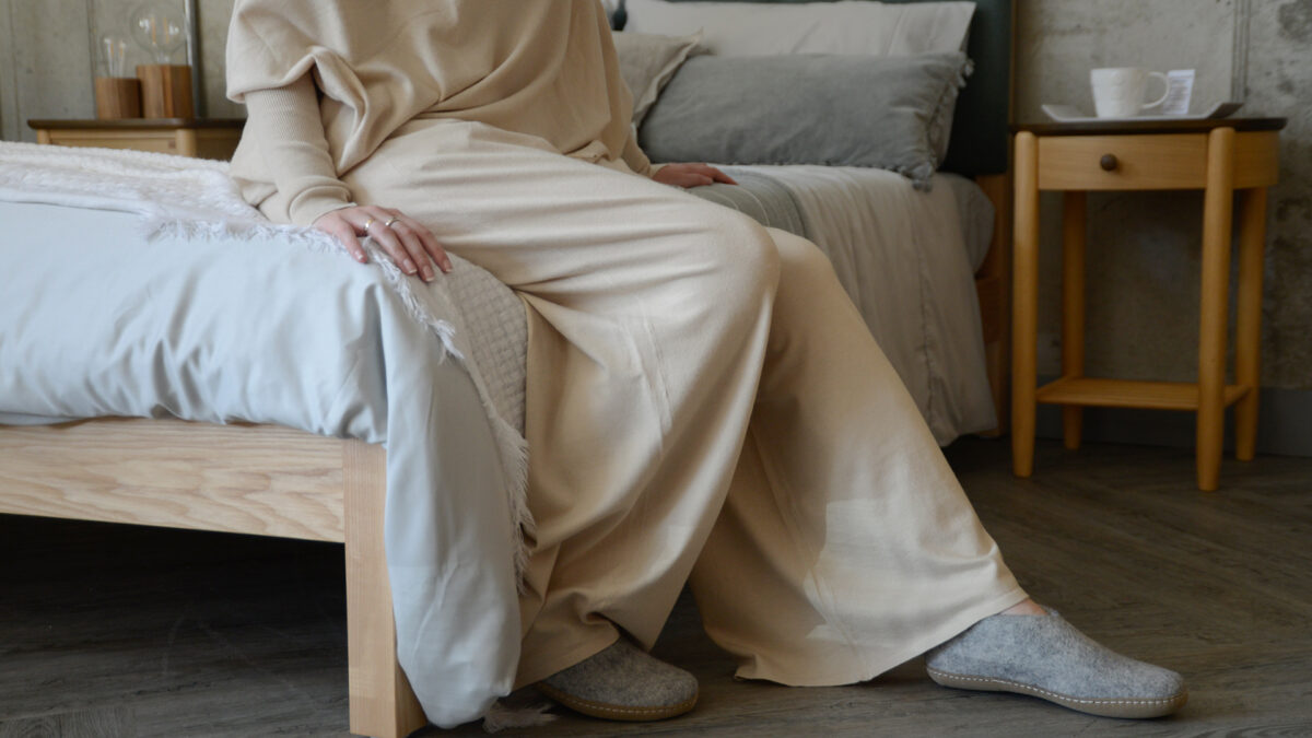 Chalk Wide Leg Pants Beige Seated Side