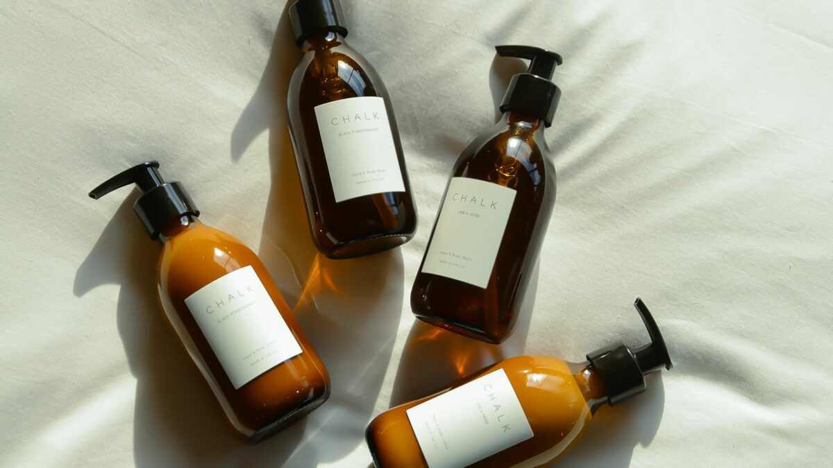 Chalk wash and lotions on bed