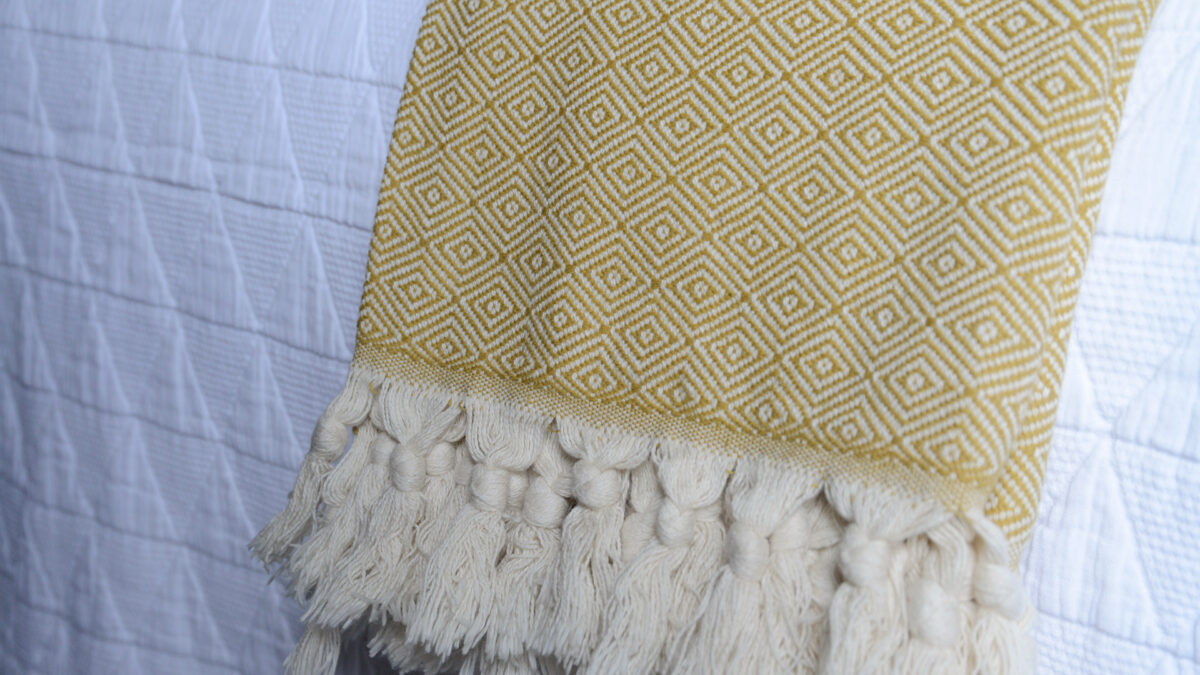 Chartreuse Cotton Bedspread Diamond Pattern Close Up with Tassels