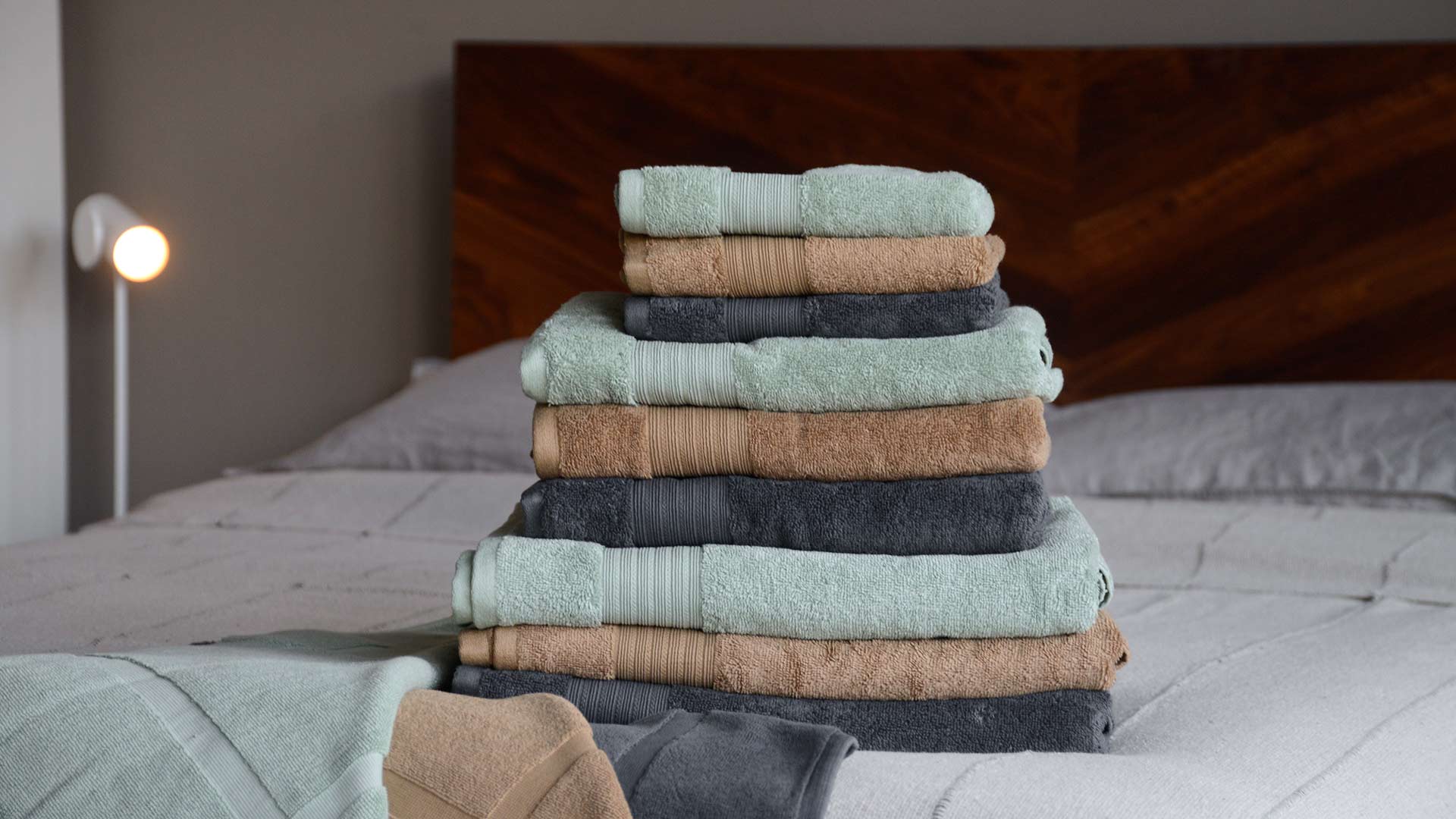 towels in grey, caramel or sage