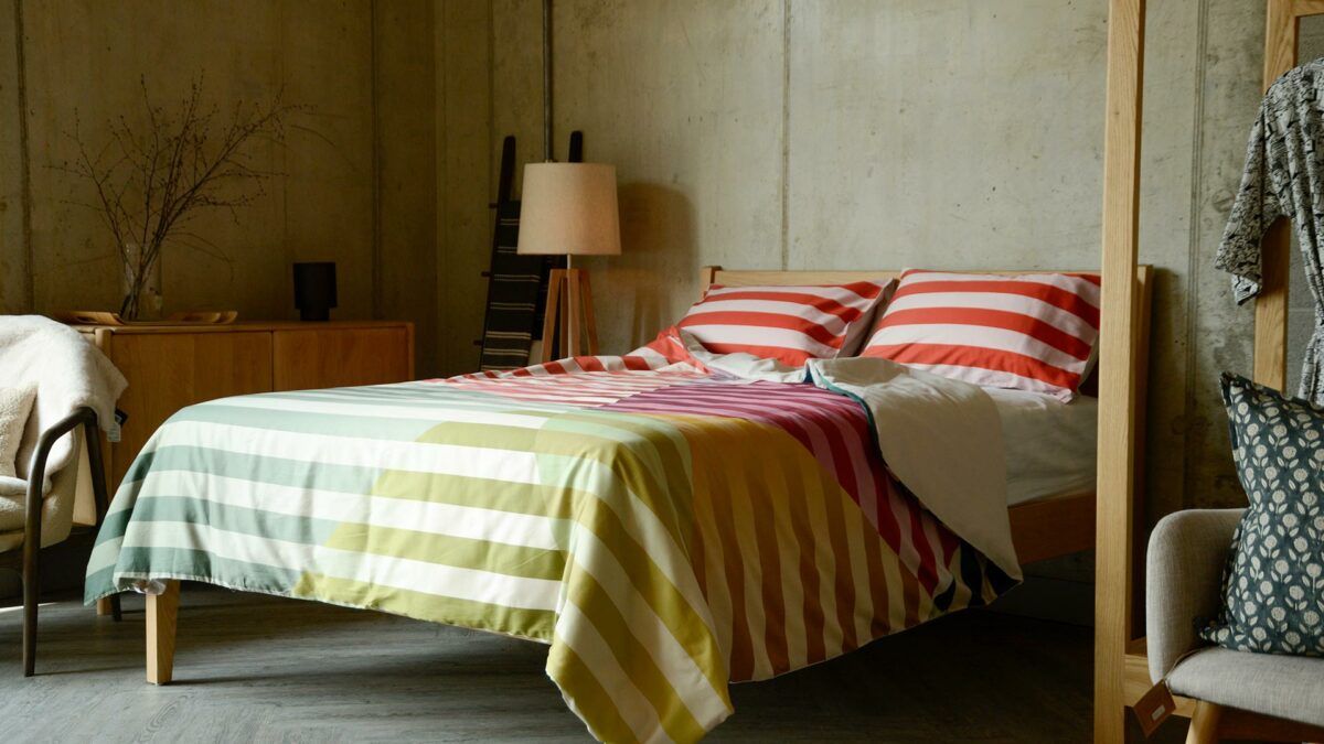 Colourful Stripe Bedding Wide Shot on Oak Zanskar