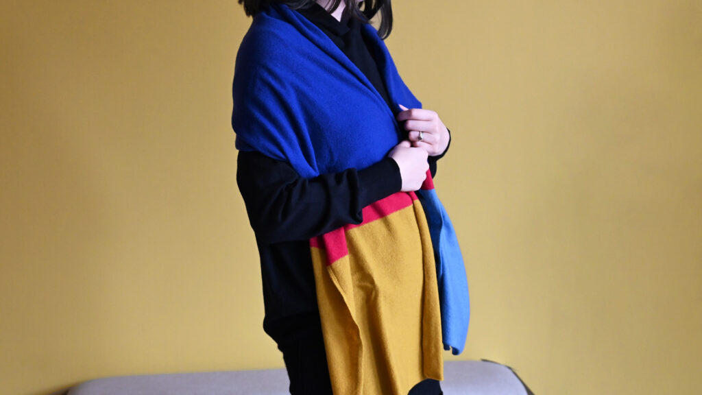 Blue mustard and red colour block scarf.