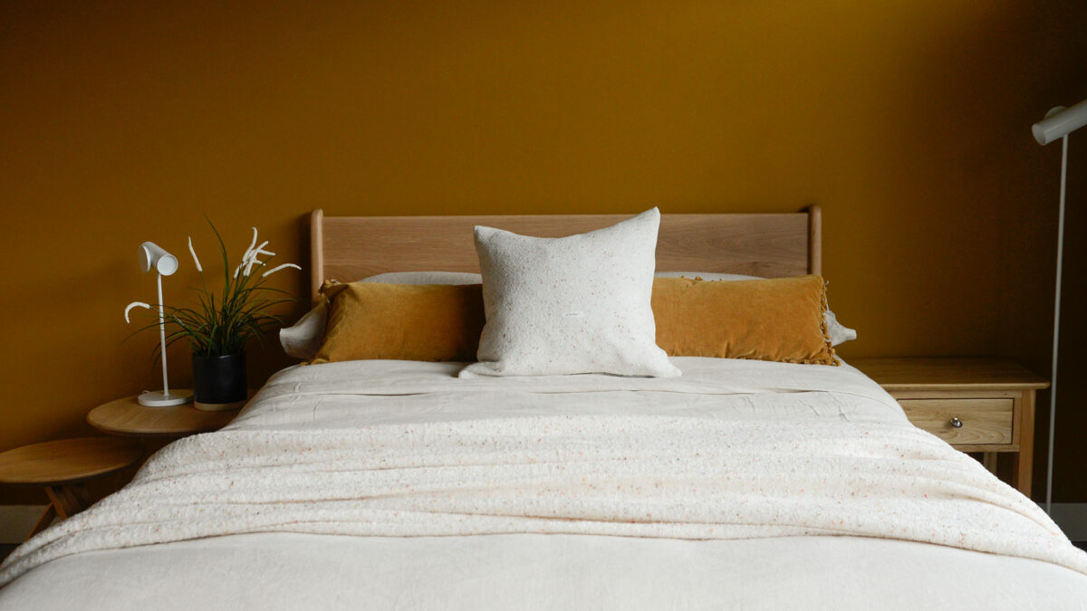 Cosy Flecked Cushion Cover on Oak Hoxton and Ochre Cushions