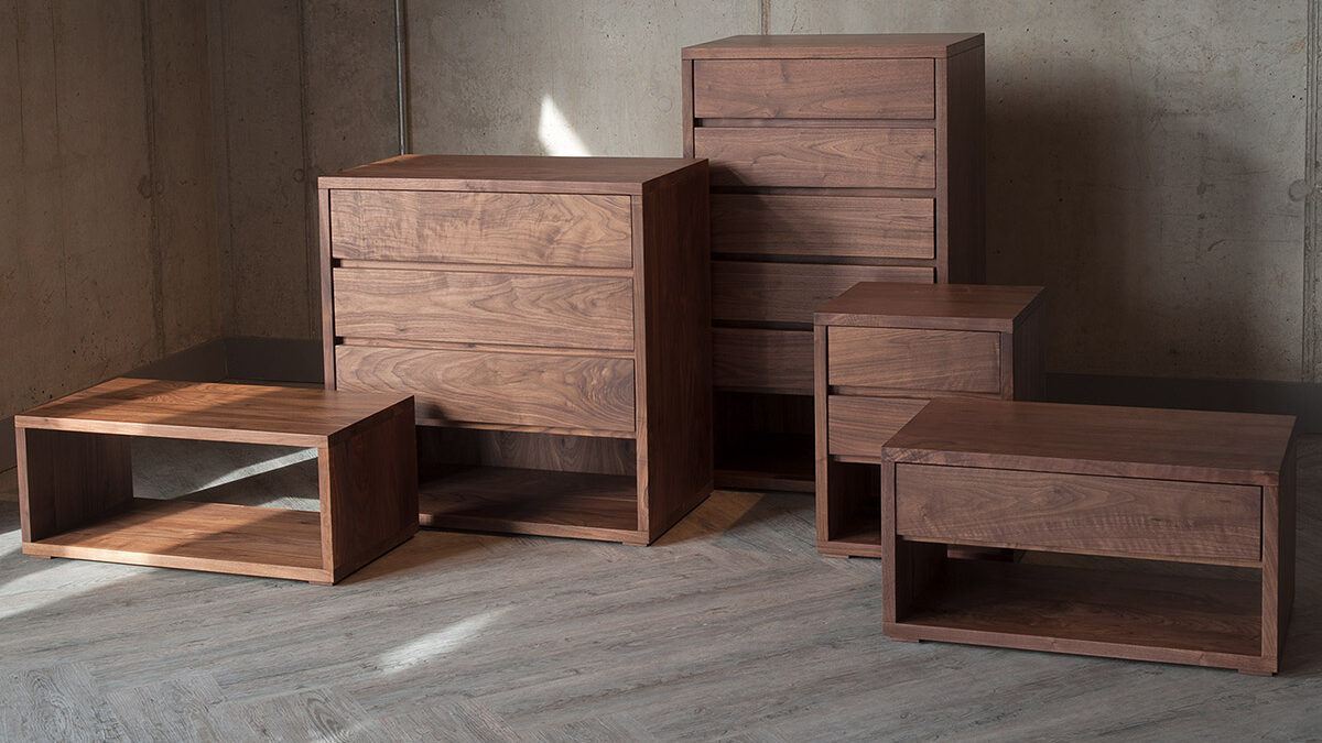 Black Lotus Cube bedroom storage collection in walnut wood