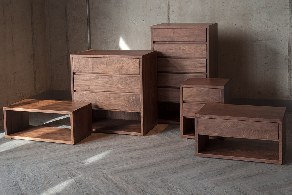 Black Lotus Cube bedroom storage collection in walnut wood