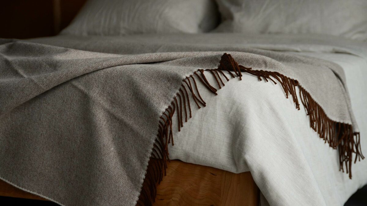 Dark Brown Reversible Throw over corner of bed