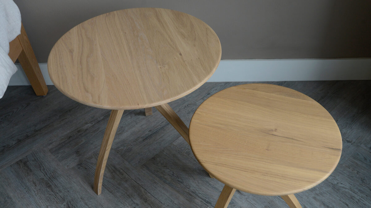 solid oak side tables in 2 heights and with twist style legs