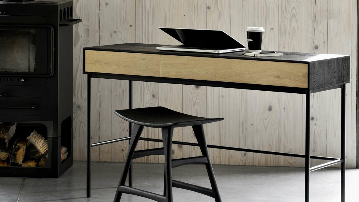 Ethnicraft-Oak-Blackbird-desk-&-black-Osso-stool