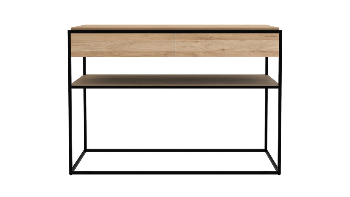 Ethnicraft Oak Monolit console 2 drawers natural black metal 122x40x85 front