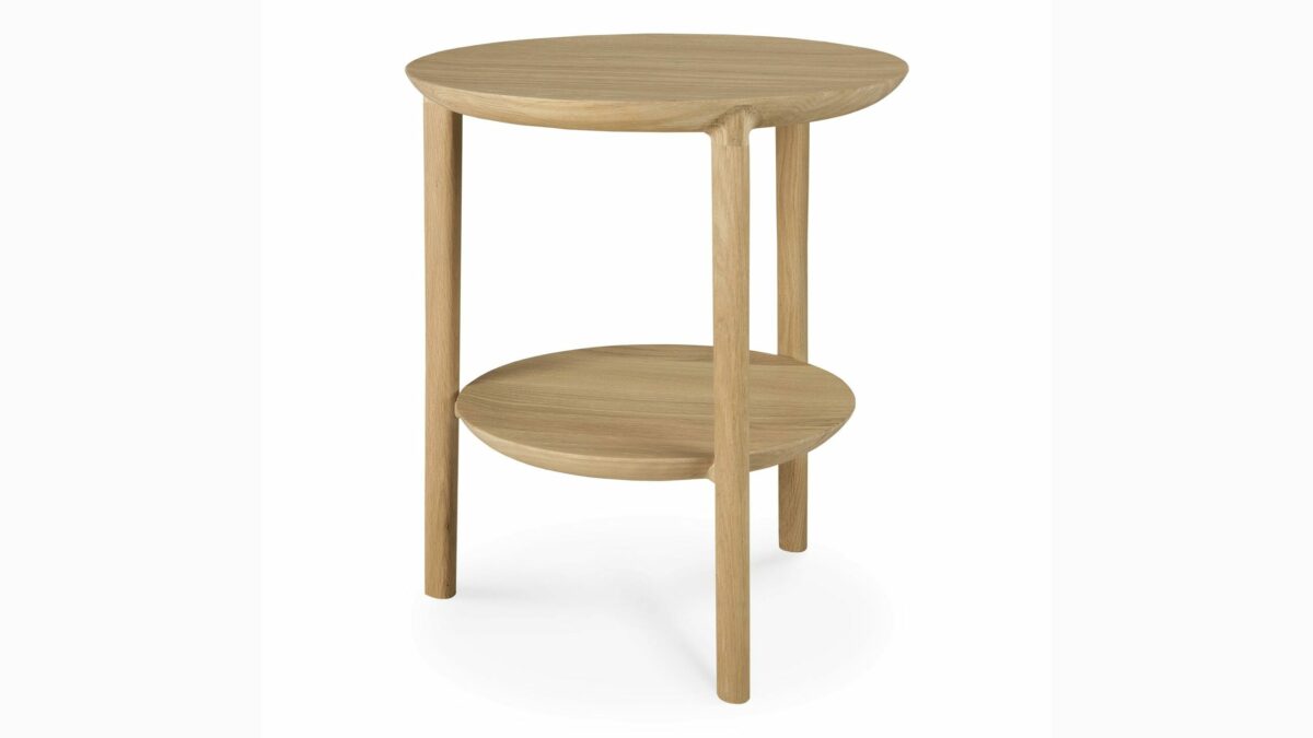 solid oak side table with lower storage shelf