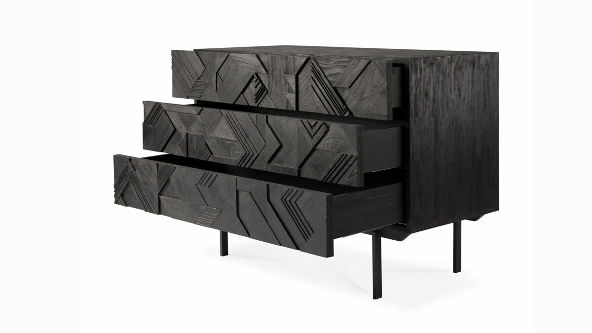 black teak chest of 3 drawers with carved graphic pattern drawer fronts