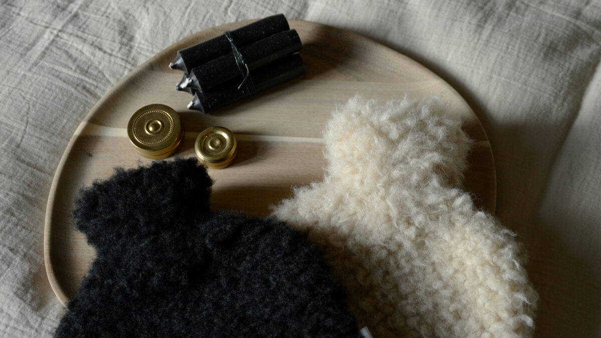 Faux Sheepskin Hot Water Bottles Black and Beige with Tray and Accessories
