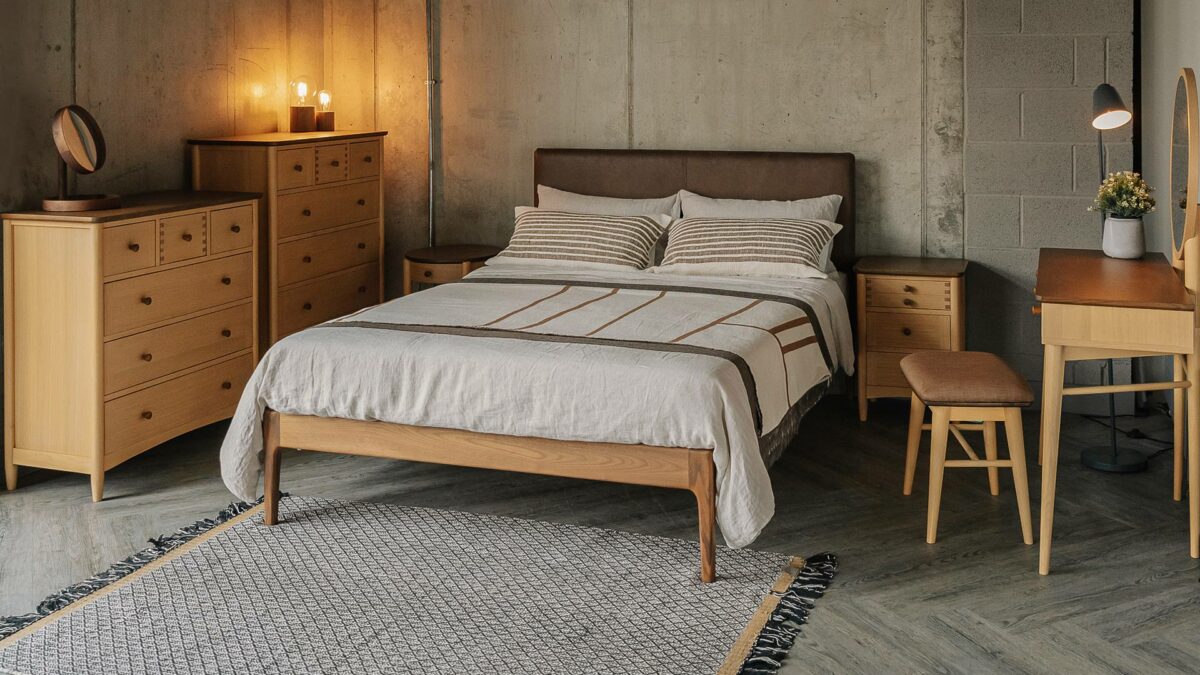 Faux leather Bloomsbury bed with oak arts crafts look furniture