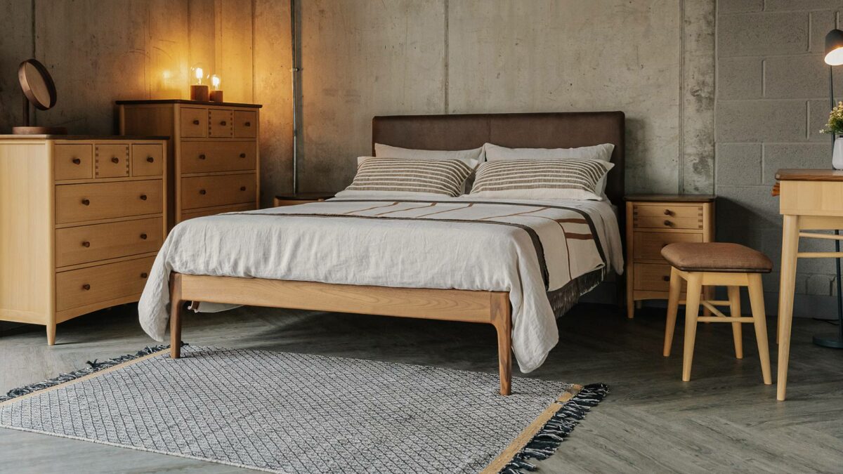 Faux leather Bloomsbury bed with two tone oak furniture