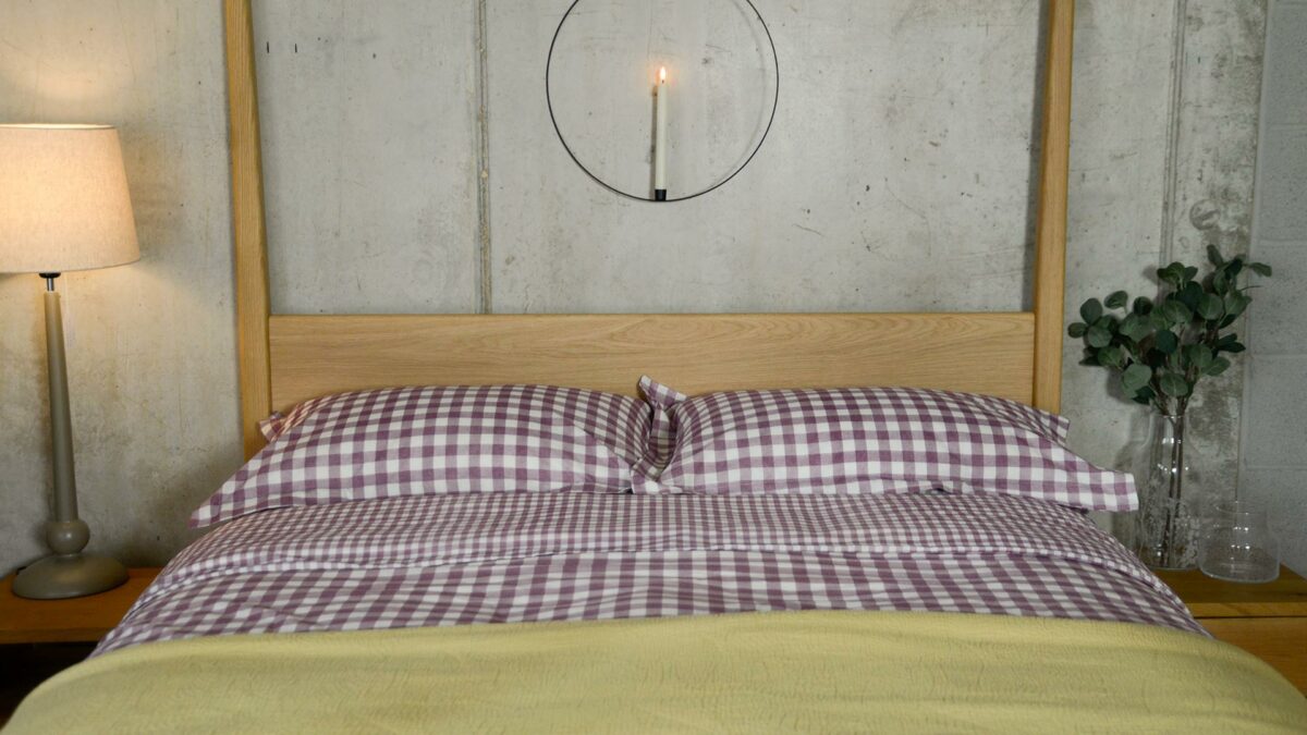 Gingham Bedding Berry Purple on Oak Canterbury Bed