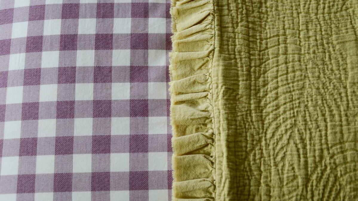 Gingham Bedding Berry Purple with Chartreuse Bedspread Closeup