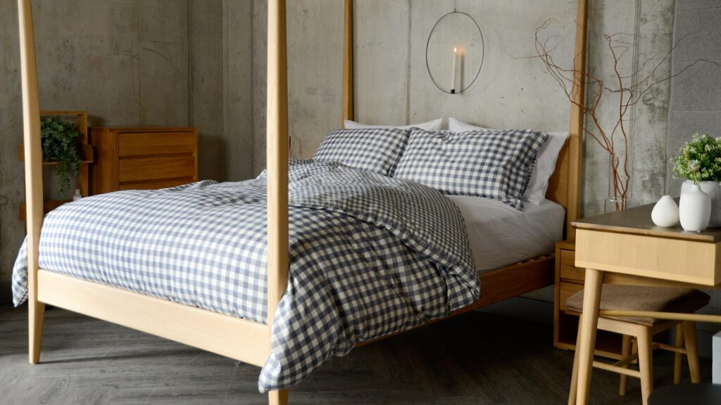 Gingham Bedding Navy Blue Rumpled on Oak Canterbury Bed
