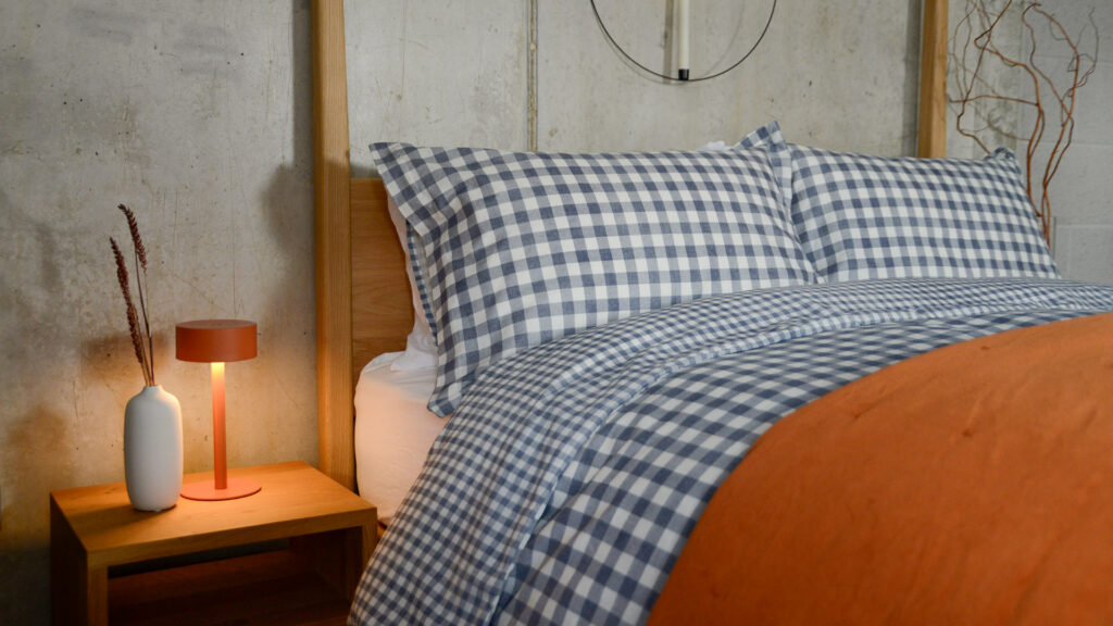 Gingham Bedding Navy Blue with Terracotta Velvet Quilt