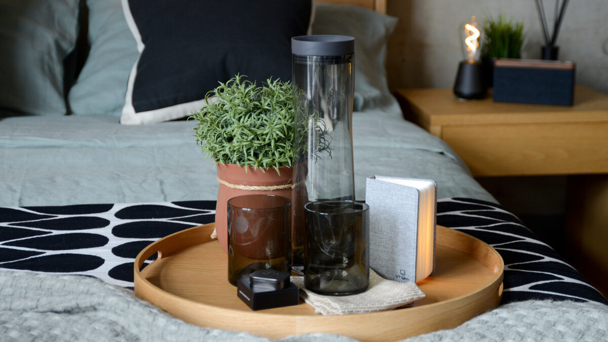 Glass Carafe and Smoke Tumblers on Oak Tray Wide Shot