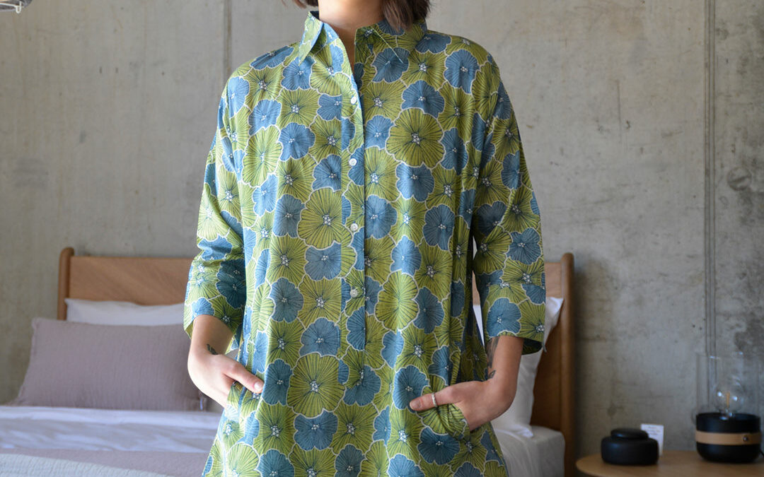 100% cotton nightshirt in a modern green and blue floral print
