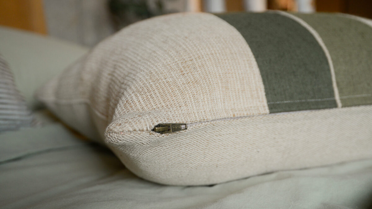 Green Stripe Jute Cushion Cover Zip Detail