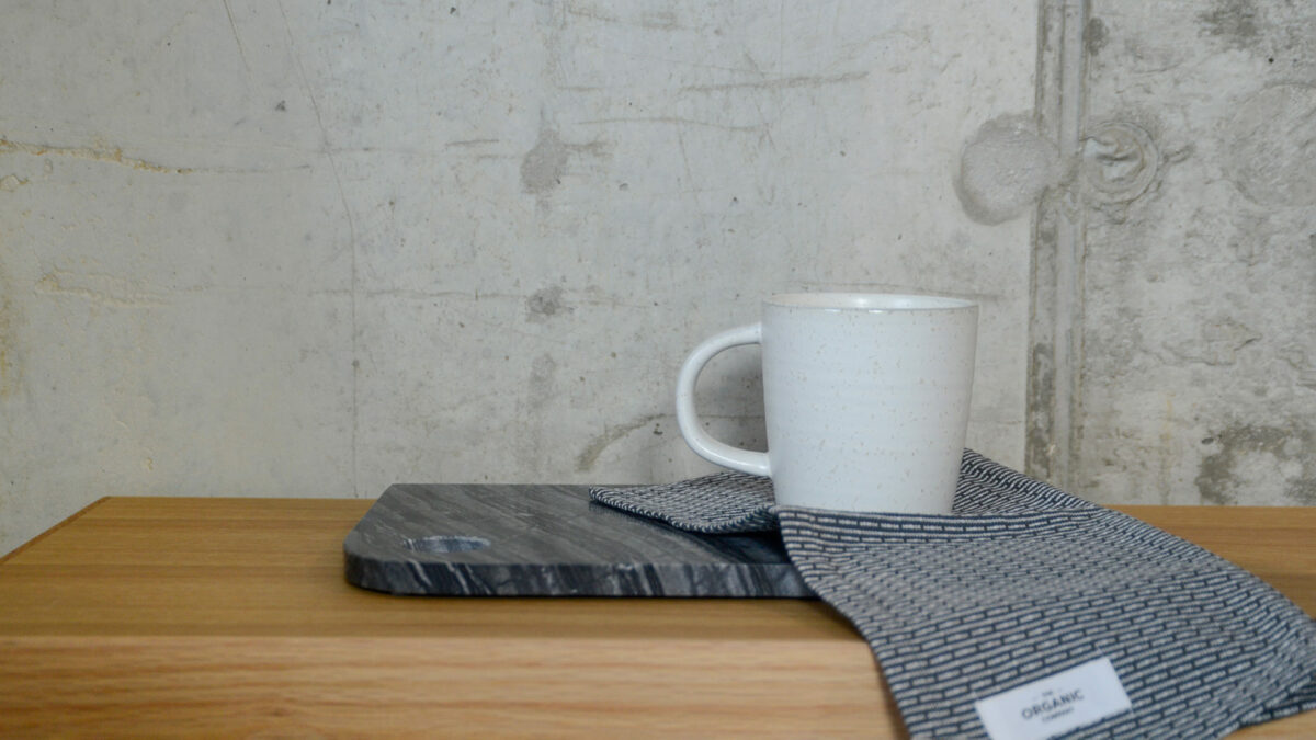 Grey Marble Chopping Board with Organic Cloth and Mug 2