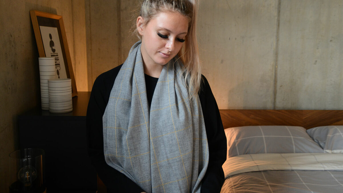Grey and Mustard Checked cashmere scarf on maddie