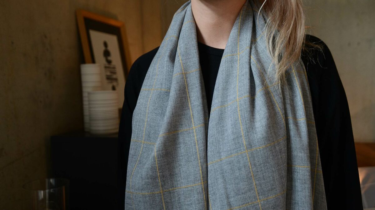 luxury cashmere and merino scarf in pale grey with yellow check