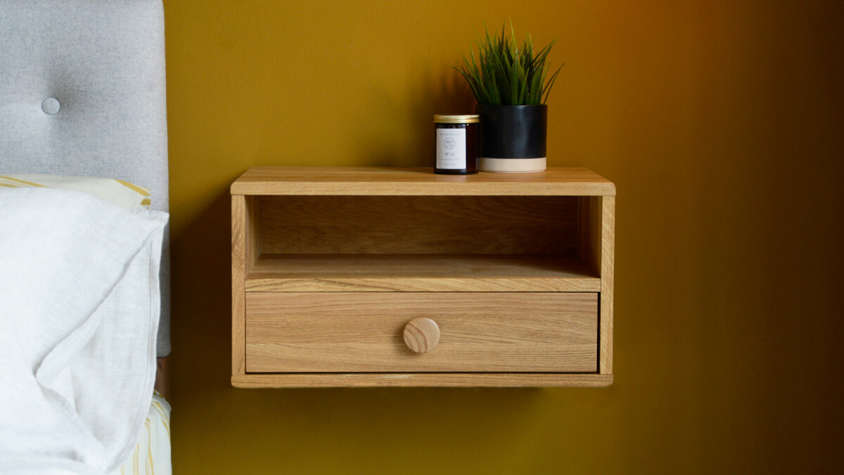 wall mounted oak bedside table with drawer and book shelf