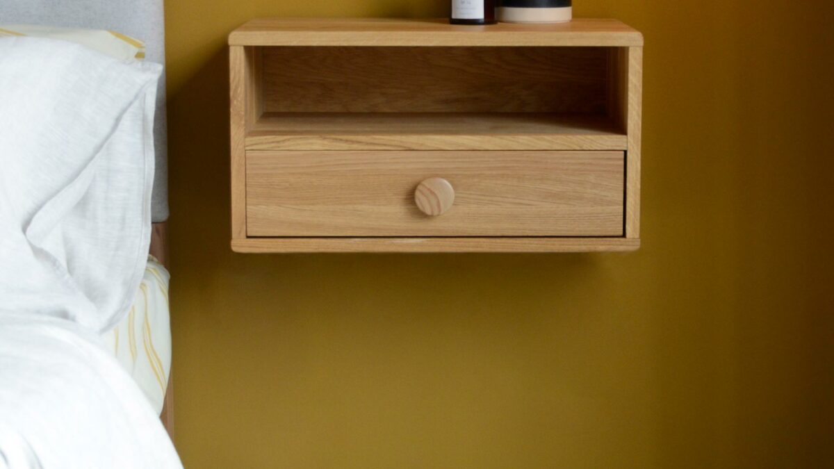 wall mounted oak bedside table with drawer and book shelf