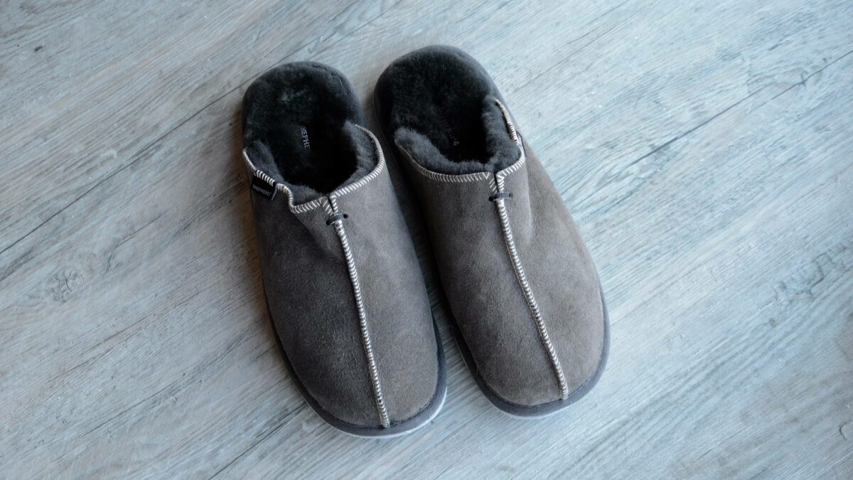 soft grey sheepskin mule style slippers