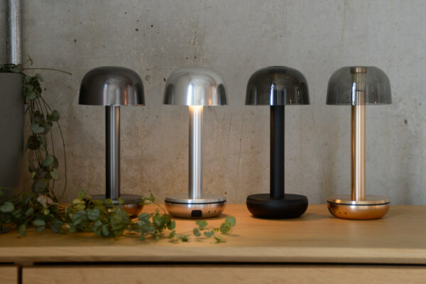 chargeable and portable modern lights in a range of metallic finishes with a solid or transparent shade