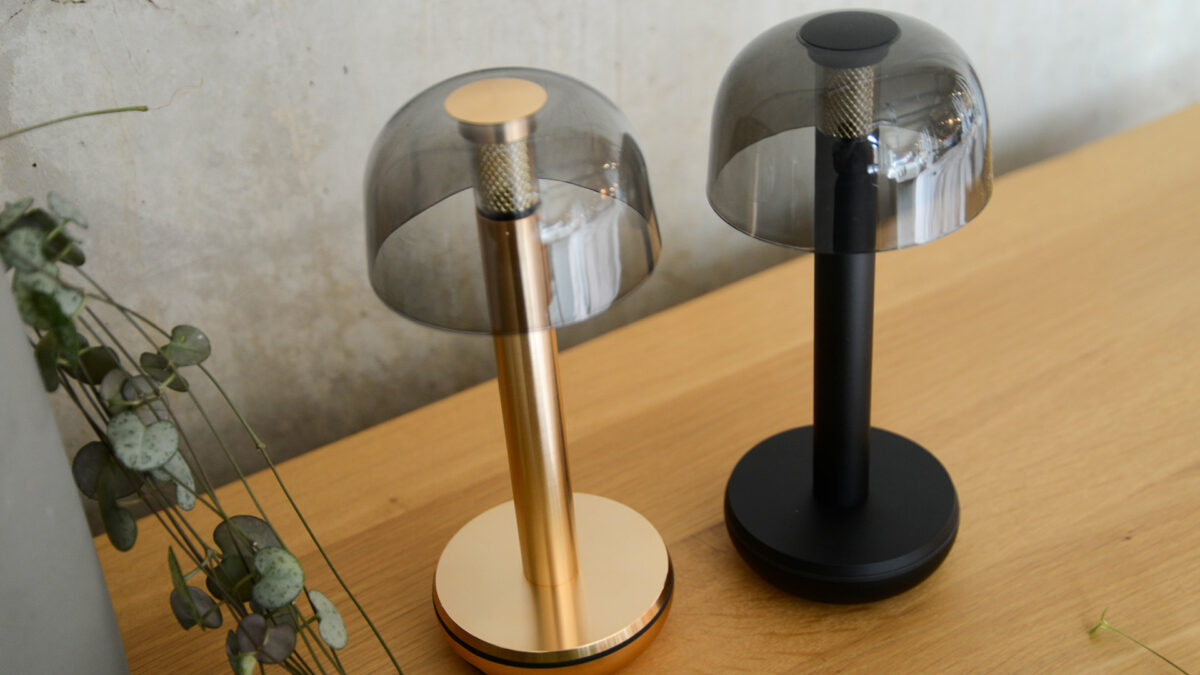 chargeable and portable modern lights in a range of metallic finishes with a solid or transparent shade