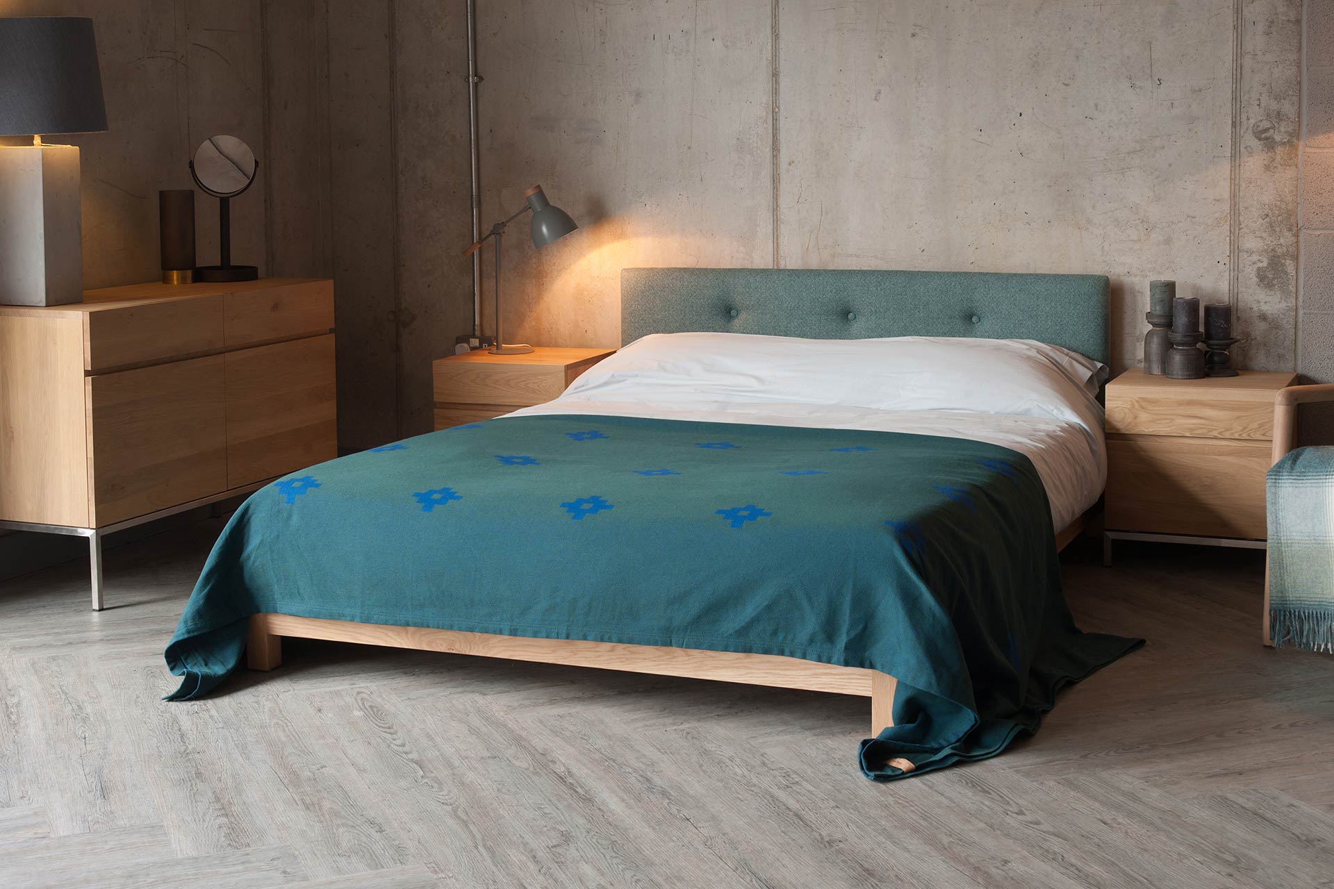 low wooden bed frame with upholstered headboard - the Iona Bed