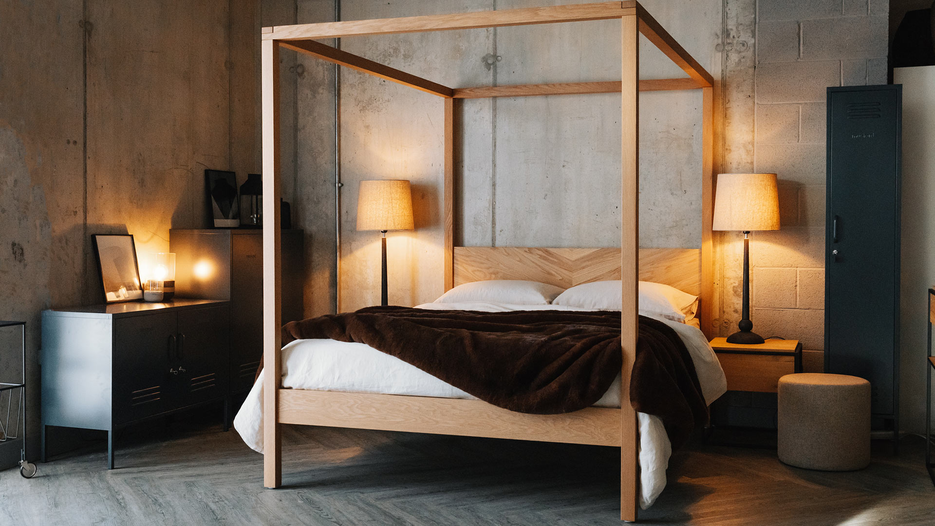 Loft style bedroom with handmade solid wood contemporary 4 poster bed - Kelham