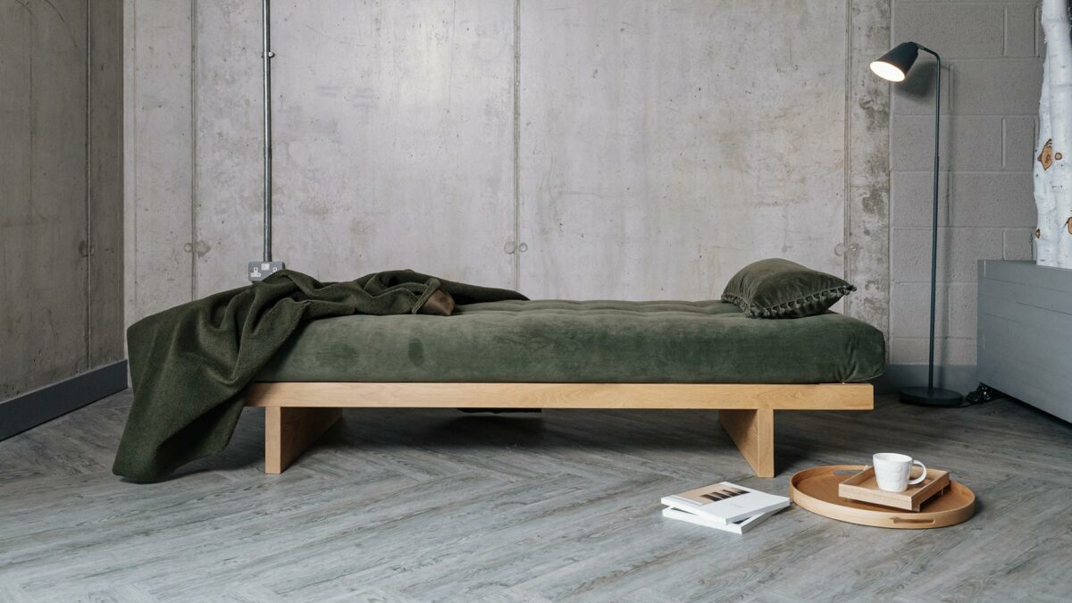 solid oak wood Kyoto day bed with sprung mattress in olive green