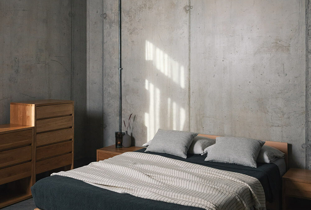 A beech wood Kyoto Japanese style bed shown with Oak bedroom storage chests