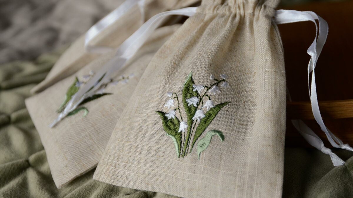 Lavender bag close up lilly of the valley embroidery
