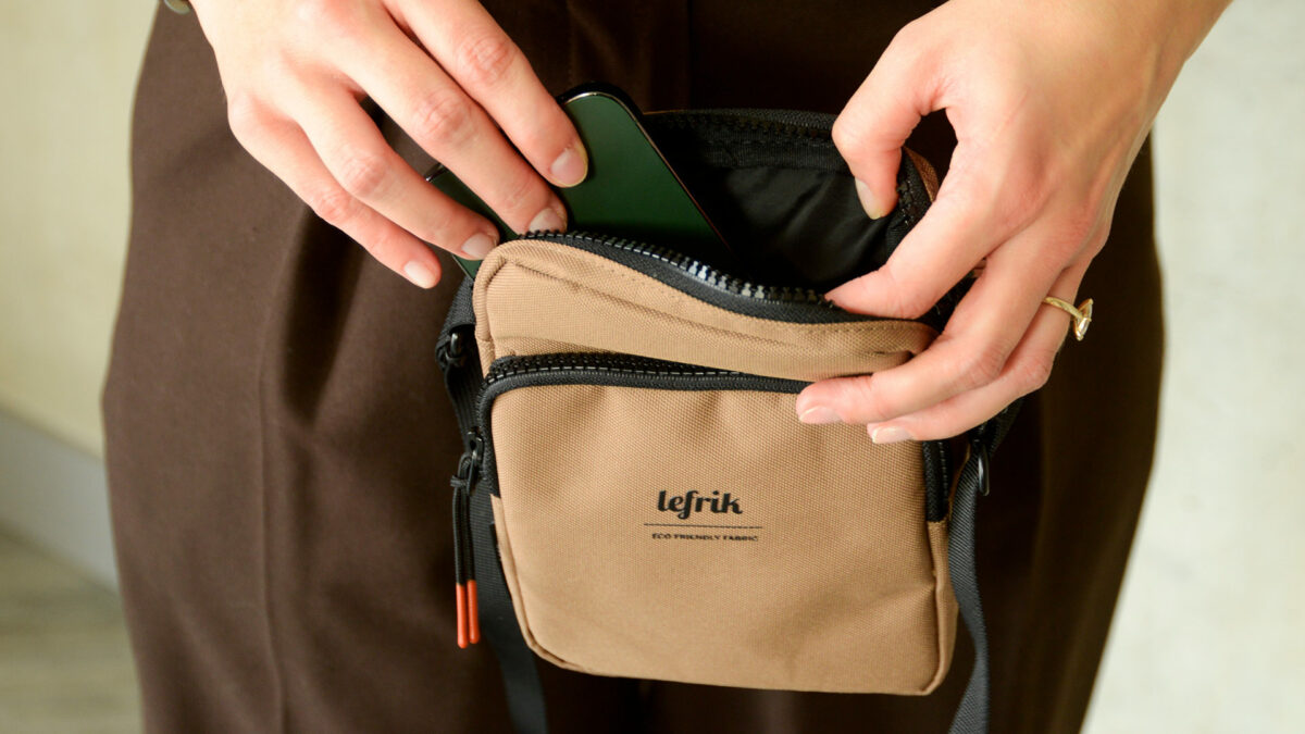 Lefrik Small Crossbody Bag Camel with Phone for size