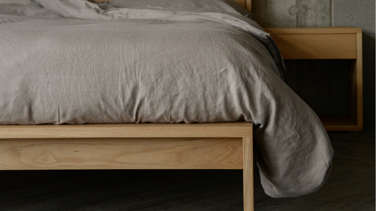 stone linen bedding on leith bed oak