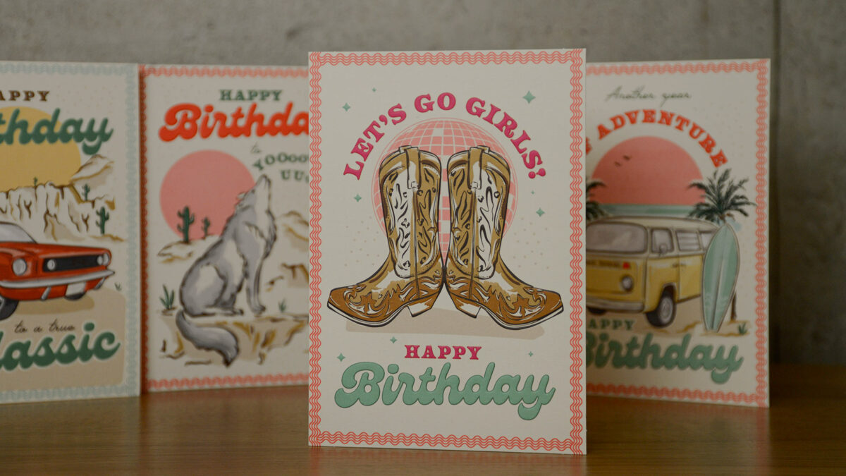 Lets go girls cowboy boots birthday card